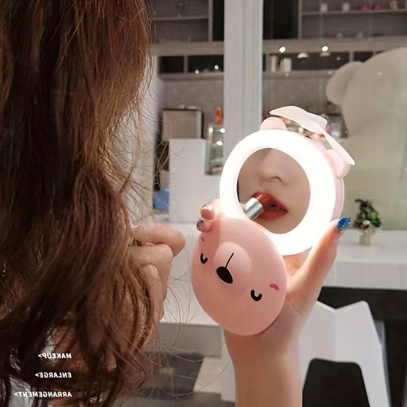 Cartoon Cute Pig LED Lights Mirror Pocket Fan